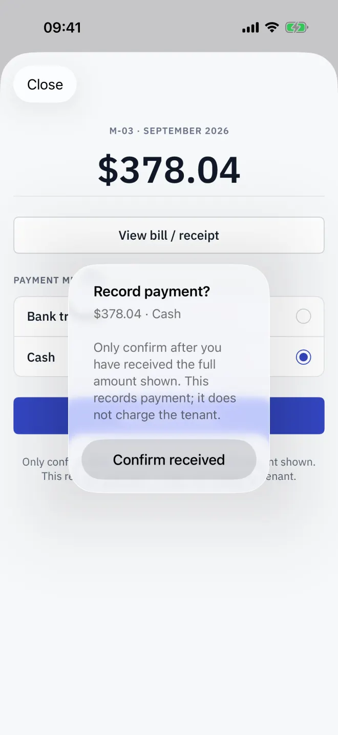 Recording a cash payment, with the confirmation before it is saved.