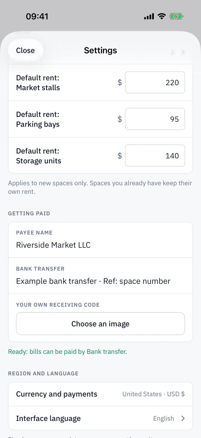 Settings → Getting paid: payee, payment IDs, your own receiving code and the readiness line.