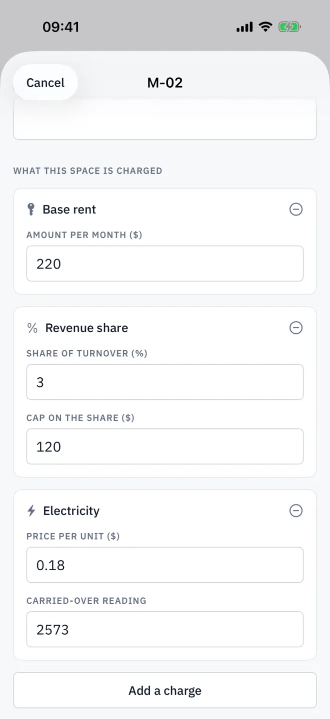 A stall's charges: base rent, a capped revenue share and metered electricity.