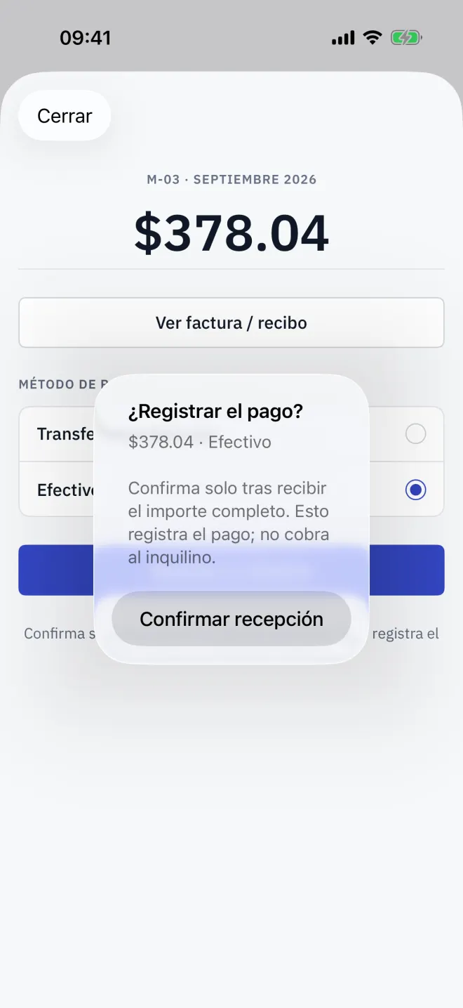 Registro de un pago en efectivo, con la confirmación antes de guardarlo.