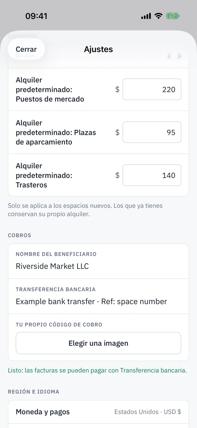 Ajustes → Cobros: beneficiario, IDs de pago, tu propio código de cobro y la línea de estado.