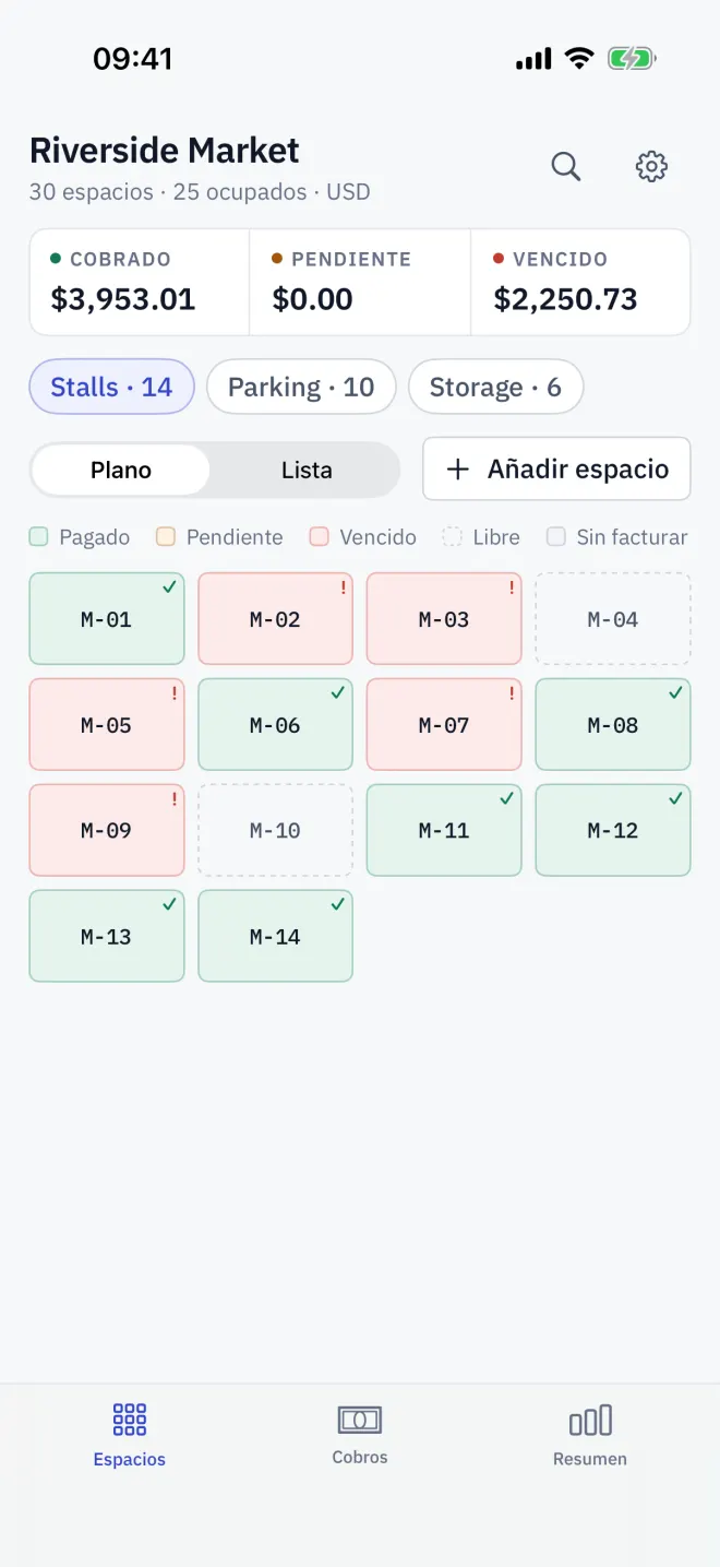 La pestaña Espacios en el plano: cifras clave, filtros por zona y cada espacio con el color de su estado.