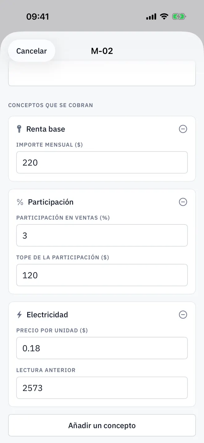 Los cargos de un puesto: renta base, participación con tope y electricidad con contador.
