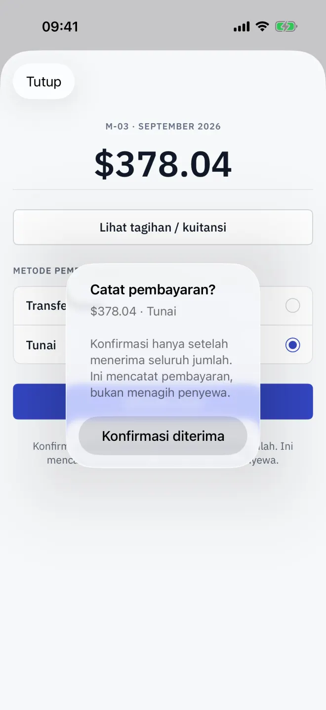 Mencatat pembayaran tunai, dengan konfirmasi sebelum disimpan.