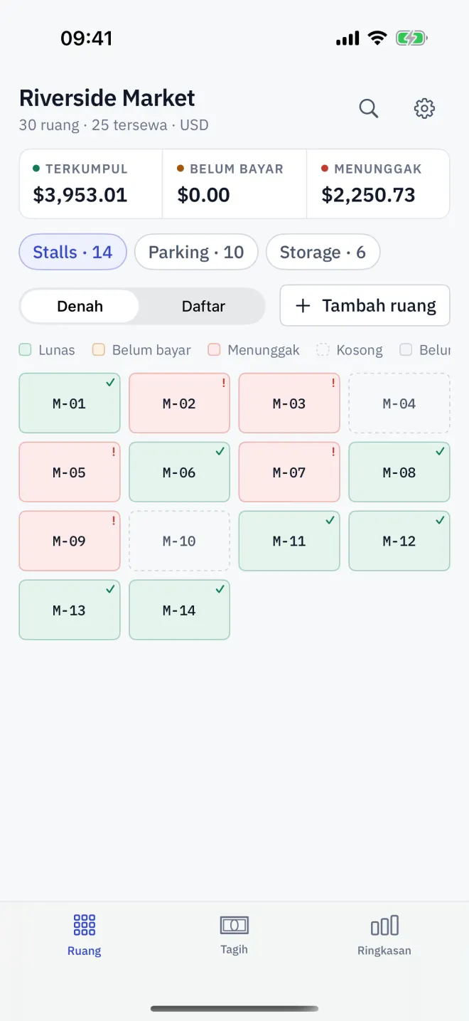 Tab Ruang dalam tampilan denah: angka utama, cip zona, dan setiap ruang dengan warna statusnya.