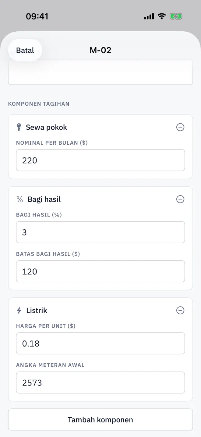 Komponen tagihan sebuah kios: sewa pokok, bagi hasil dengan batas, dan listrik bermeteran.