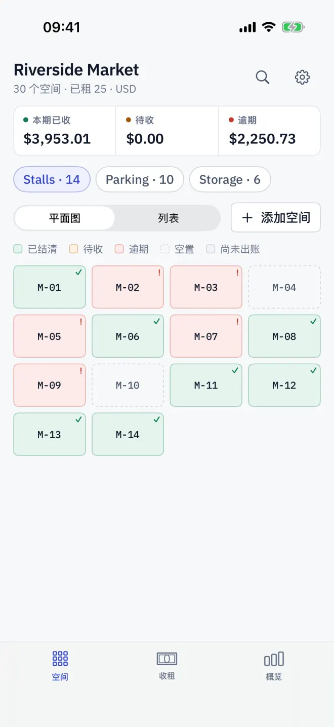 平面图上的“空间”标签页:关键数字、分区标签,以及按状态着色的每个空间。